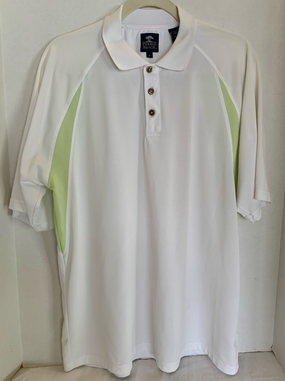 Pebble Beach Men's White Polo with Light Green Panels. Large